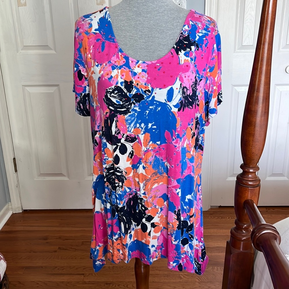 Ruby Rd. Multi color short sleeve blouse beaded embellished neckline